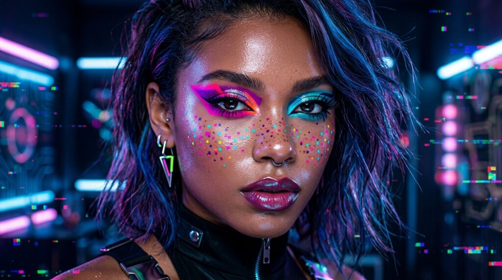 Glitchy Glam Makeup Look.